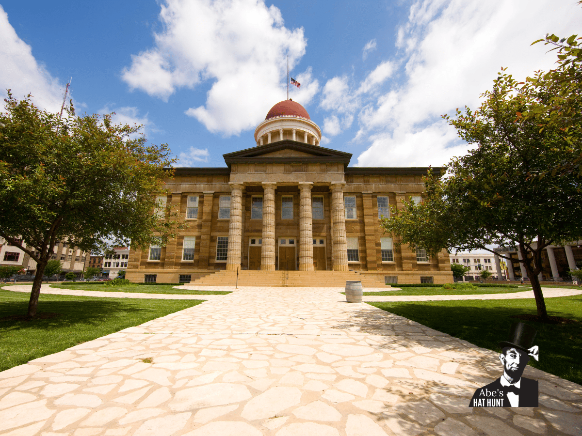 Historic Abraham Lincoln site in Springfield with American flags